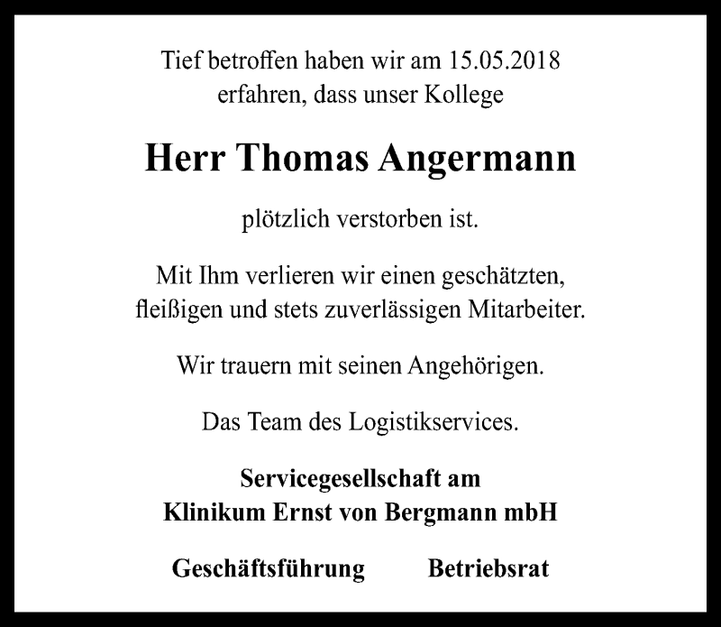  Traueranzeige für Thomas Angermann vom 19.05.2018 aus Märkischen Allgemeine Zeitung
