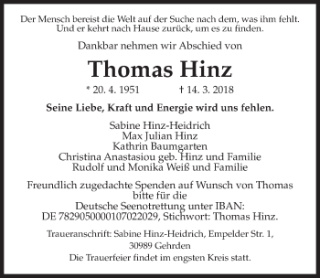 Traueranzeige von Thomas Hinz von Hannoversche Allgemeine Zeitung/Neue Presse