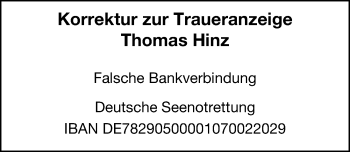 Traueranzeige von Thomas Hinz von Hannoversche Allgemeine Zeitung/Neue Presse