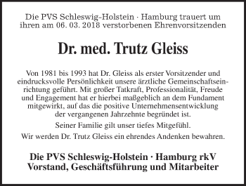 Traueranzeige von Trutz Gleiss von Kieler Nachrichten