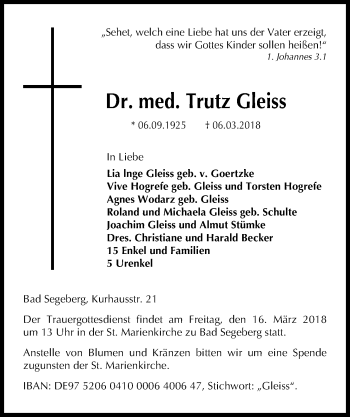 Traueranzeige von Trutz Gleiss von Kieler Nachrichten