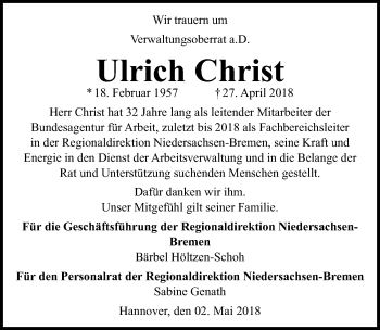Traueranzeige von Ulrich Christ von Hannoversche Allgemeine Zeitung/Neue Presse