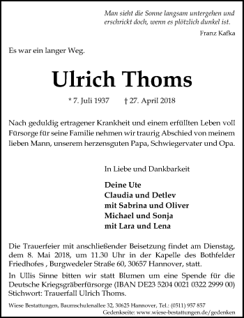 Traueranzeige von Ulrich Thoms von Hannoversche Allgemeine Zeitung/Neue Presse
