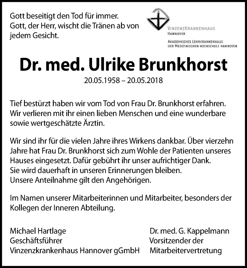  Traueranzeige für Ulrike Brunkhorst vom 26.05.2018 aus Hannoversche Allgemeine Zeitung/Neue Presse