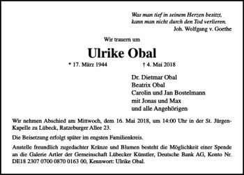 Traueranzeige von Ulrike Obal von Lübecker Nachrichten