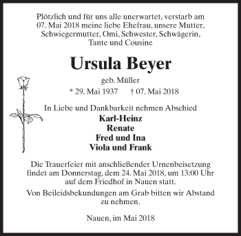 Traueranzeige von Ursula Beyer von Märkischen Allgemeine Zeitung