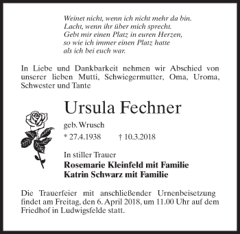 Traueranzeige von Ursula Fechner von Märkischen Allgemeine Zeitung