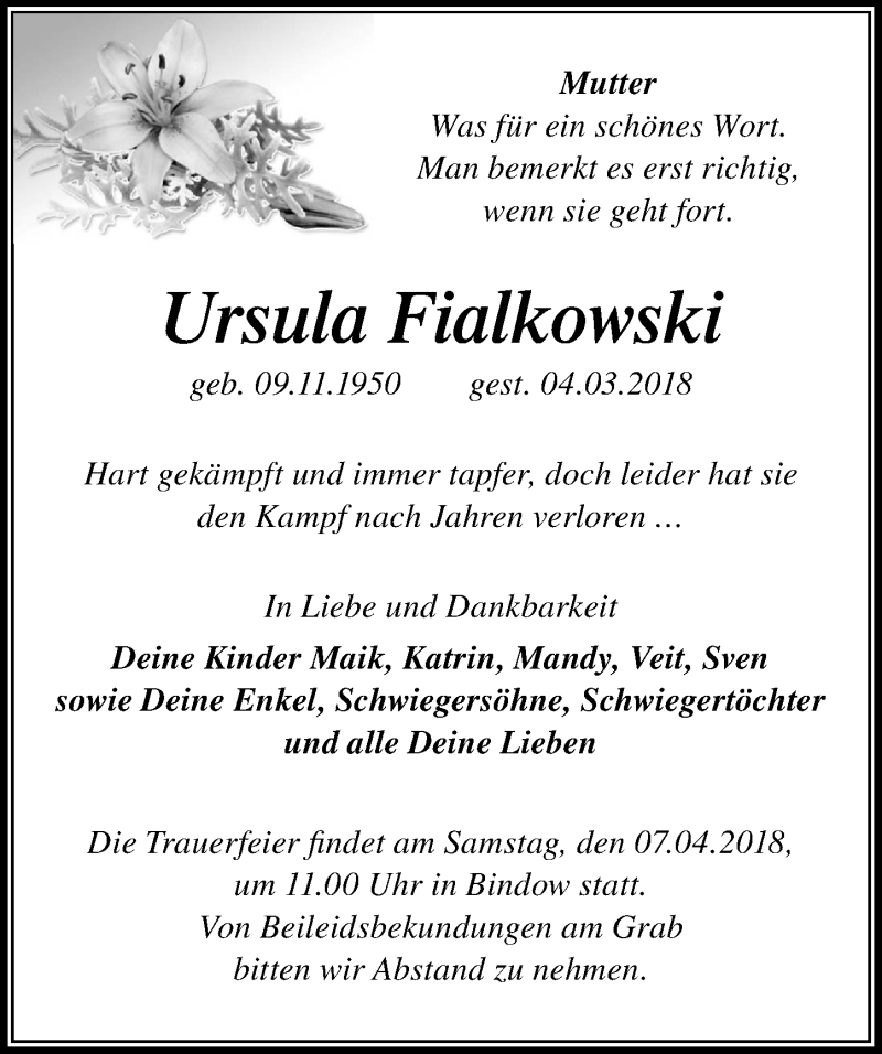  Traueranzeige für Ursula Fialkowski vom 24.03.2018 aus Märkischen Allgemeine Zeitung