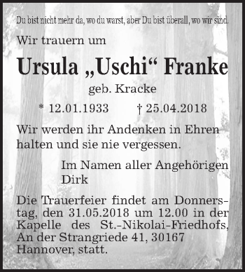 Traueranzeige von Ursula Franke von Hannoversche Allgemeine Zeitung/Neue Presse