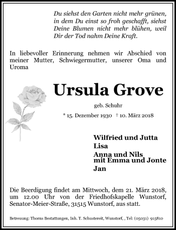Traueranzeige von Ursula Grove von Hannoversche Allgemeine Zeitung/Neue Presse