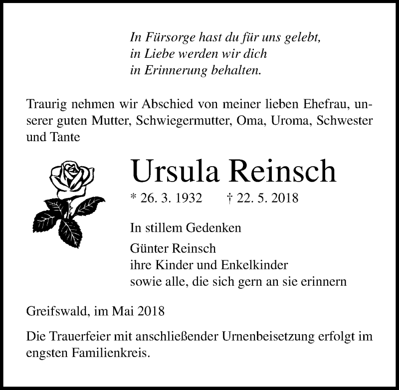  Traueranzeige für Ursula Reinsch vom 26.05.2018 aus Ostsee-Zeitung GmbH