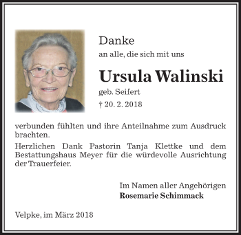 Traueranzeige von Ursula Walinski von Aller Zeitung