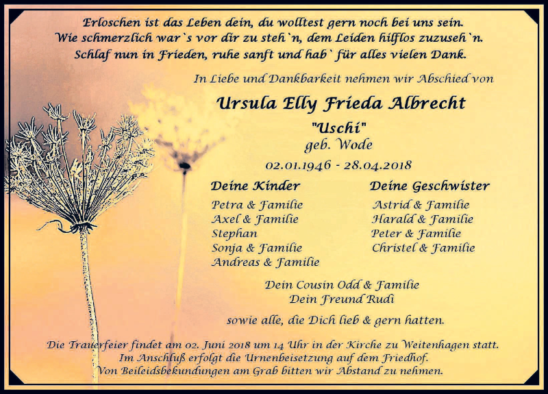  Traueranzeige für Ursula Elly Frieda Albrecht vom 19.05.2018 aus Ostsee-Zeitung GmbH