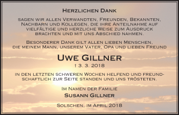 Traueranzeige von Uwe Gillner von Peiner Allgemeine Zeitung