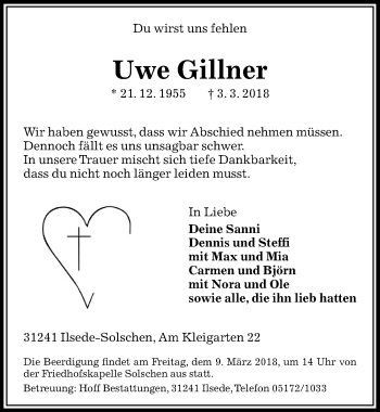 Traueranzeige von Uwe Gillner von Peiner Allgemeine Zeitung