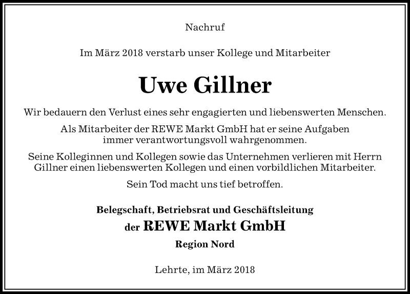  Traueranzeige für Uwe Gillner vom 09.03.2018 aus Peiner Allgemeine Zeitung