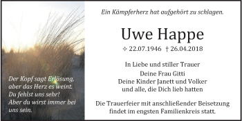 Traueranzeige von Uwe Happe von Ostsee-Zeitung GmbH