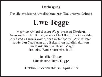 Traueranzeige von Uwe Tegge von Märkischen Allgemeine Zeitung