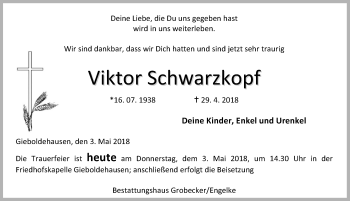 Traueranzeige von Viktor Schwarzkopf von Eichsfelder Tageblatt