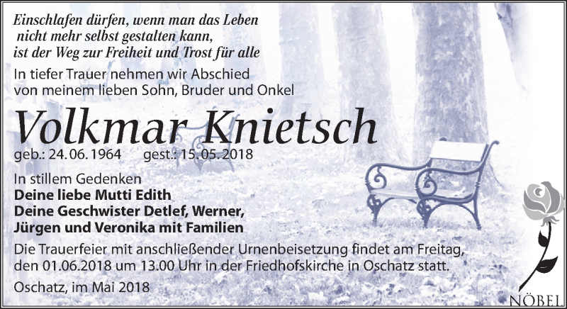  Traueranzeige für Volkmar Knietsch vom 26.05.2018 aus Leipziger Volkszeitung