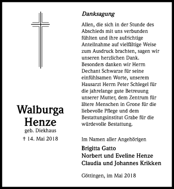 Traueranzeige von Walburga Henze von Göttinger Tageblatt
