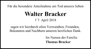 Traueranzeige von Walter Bracker von Kieler Nachrichten