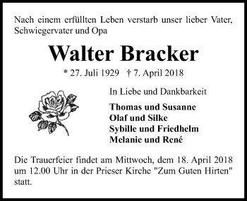 Traueranzeige von Walter Bracker von Kieler Nachrichten