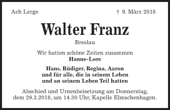 Traueranzeige von Walter Franz von Kieler Nachrichten