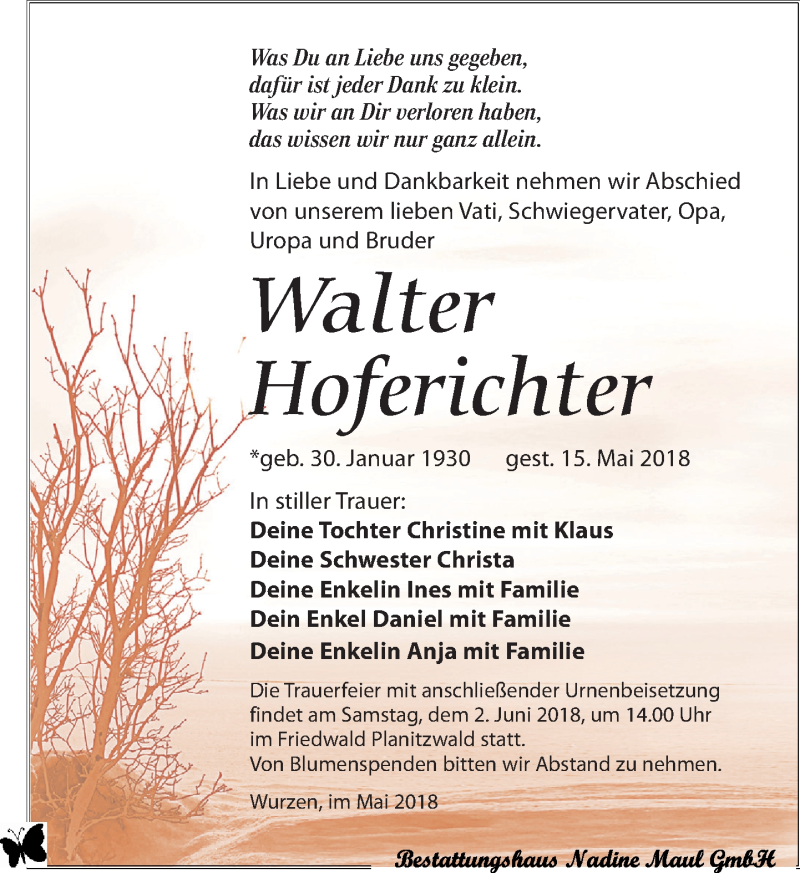  Traueranzeige für Walter Hoferichter vom 26.05.2018 aus Leipziger Volkszeitung