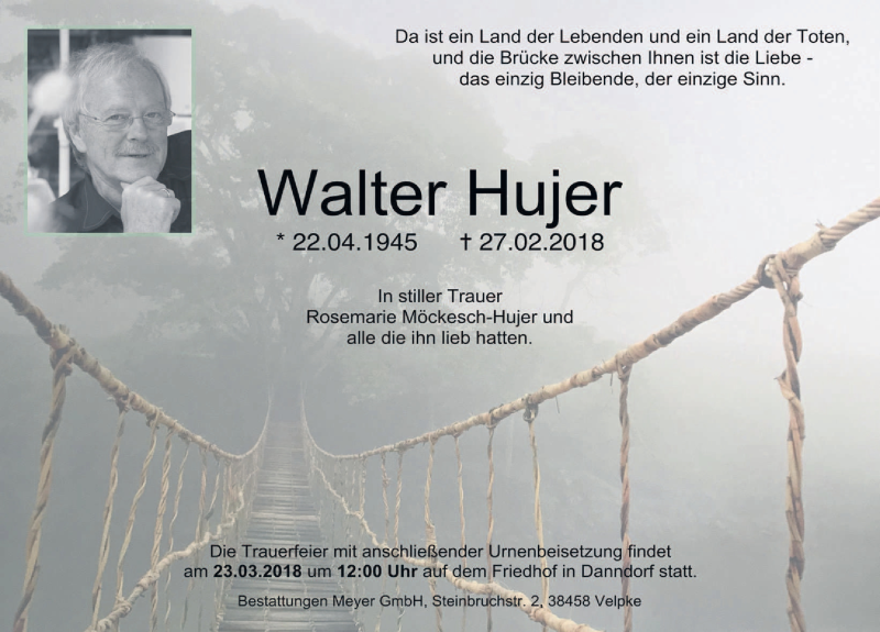  Traueranzeige für Walter Hujer vom 17.03.2018 aus Aller Zeitung