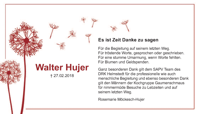 Traueranzeige für Walter Hujer vom 07.04.2018 aus Aller Zeitung