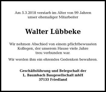 Traueranzeige von Walter Lübbeke von Göttinger Tageblatt