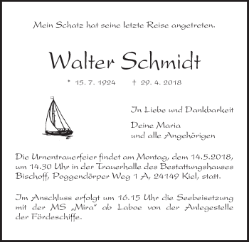 Traueranzeige von Walter Schmidt von Kieler Nachrichten