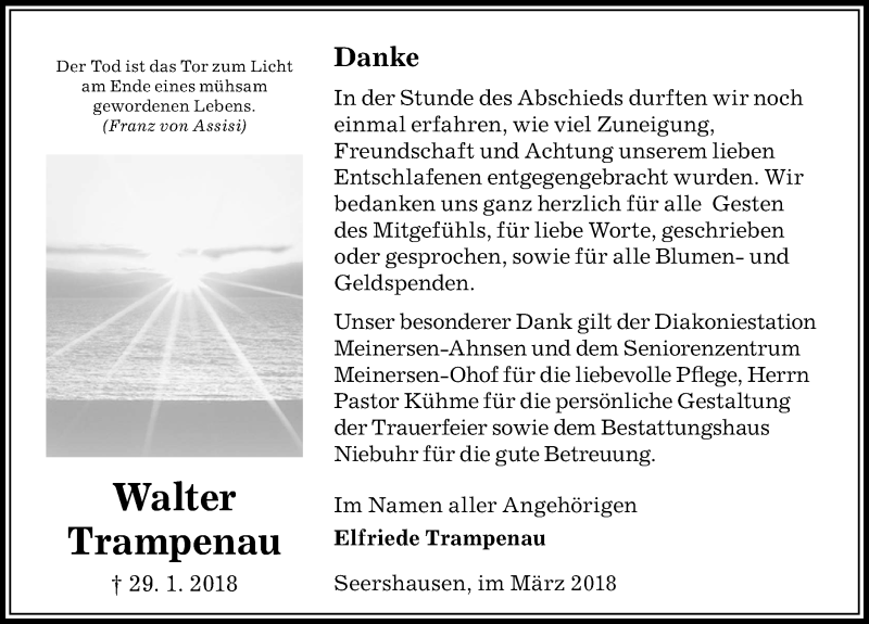  Traueranzeige für Walter Trampenau vom 17.03.2018 aus Aller Zeitung