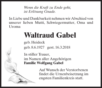 Traueranzeige von Waltraud Gabel von Märkischen Allgemeine Zeitung