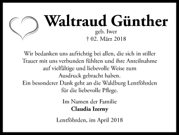 Traueranzeige von Waltraud Günther von Kieler Nachrichten
