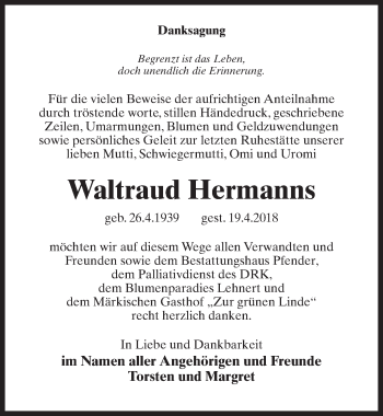 Traueranzeige von Waltraud Hermanns von Märkischen Allgemeine Zeitung