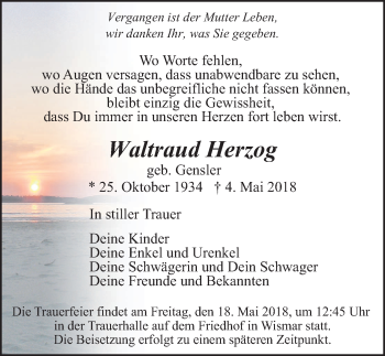 Traueranzeige von Waltraud Herzog von Ostsee-Zeitung GmbH