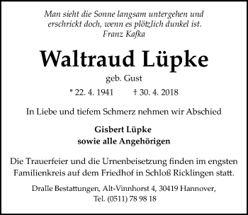 Traueranzeige von Waltraud Lüpke von Hannoversche Allgemeine Zeitung/Neue Presse