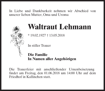 Traueranzeige von Waltraut Lehmann von Märkischen Allgemeine Zeitung