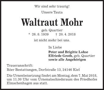 Traueranzeige von Waltraut Mohr von Kieler Nachrichten