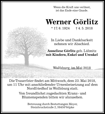 Traueranzeige von Werner Görlitz von Aller Zeitung