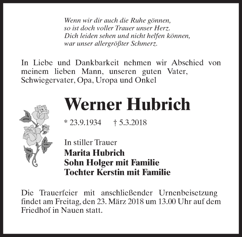  Traueranzeige für Werner Hubrich vom 10.03.2018 aus Märkischen Allgemeine Zeitung