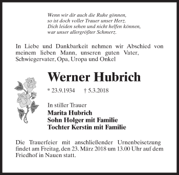 Traueranzeige von Werner Hubrich von Märkischen Allgemeine Zeitung
