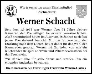 Traueranzeige von Werner Schacht von Kieler Nachrichten