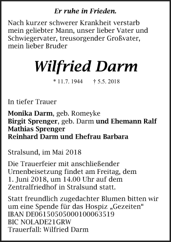 Traueranzeige von Wilfried Darm von Ostsee-Zeitung GmbH