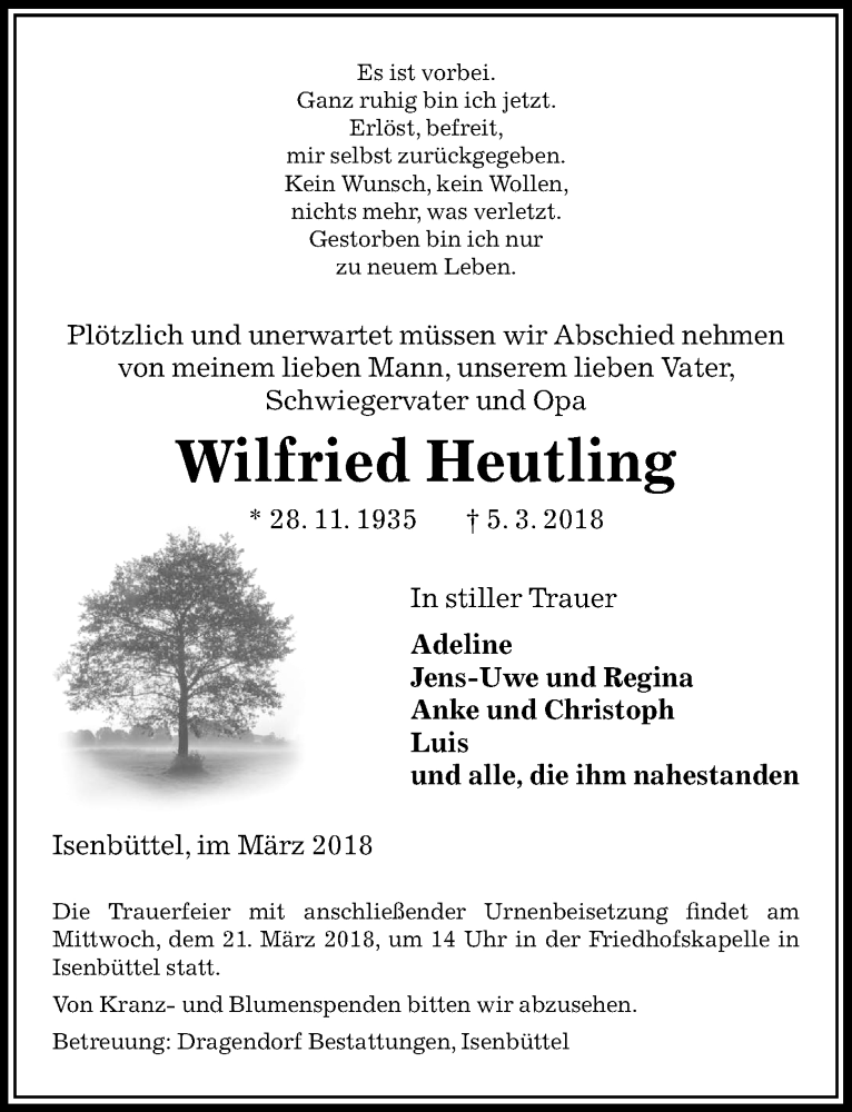  Traueranzeige für Wilfried Heutling vom 10.03.2018 aus Aller Zeitung