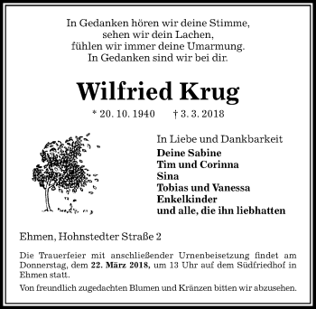 Traueranzeige von Wilfried Krug von Aller Zeitung