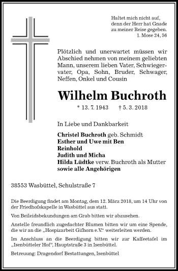 Traueranzeige von Wilhelm Buchroth von Aller Zeitung