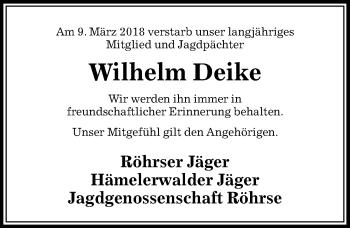 Traueranzeige von Wilhelm Deike von Peiner Allgemeine Zeitung